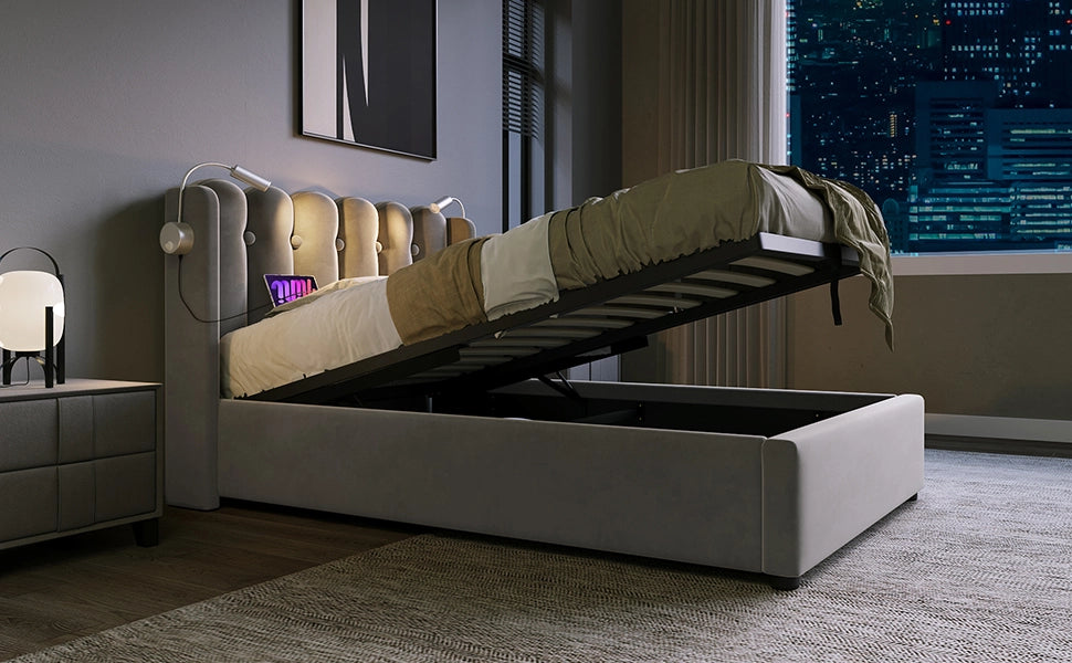 DESMIU Letto Singolo 90 × 200 cm con contenitore, luce da lettura e USB, materasso incluso, in velluto, grigio