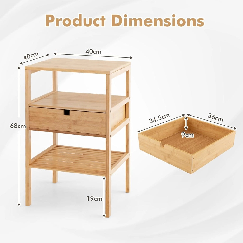 Comodino Camera da Letto con Cassetto e Scaffale a Doghe, Comodino Piccolo a 3Livelli in Bambù, Tavolino Lato Classico per Soggiorno, Naturale, 40 x 40 x 68 cm(L x P x A)