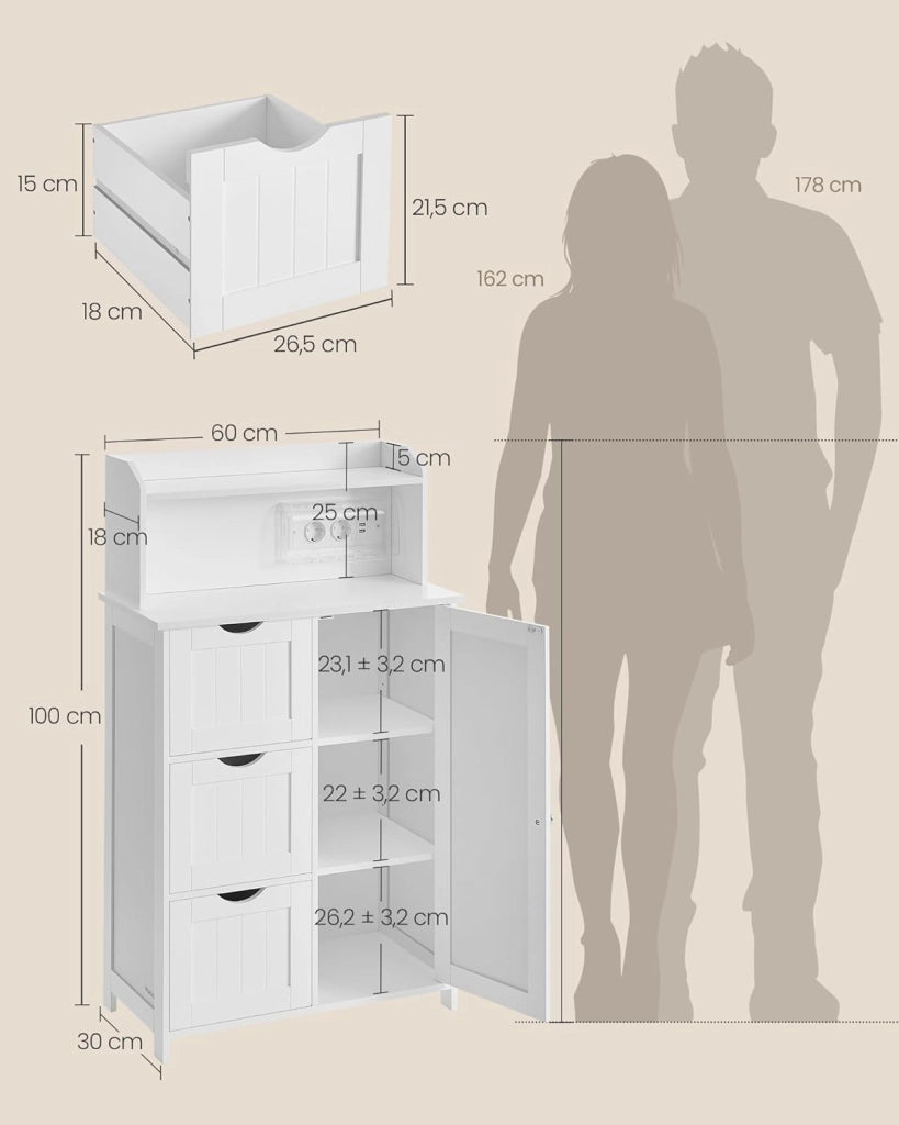 VASAGLE 100 cm di Altezza Mobile Bagno, Mobiletto Bagno con Multipresa, 3 Cassetti, 1 Anta, 2 Ripiani Regolabili, Armadietto per Sala da Pranzo, Cucina, Soggiorno, Bianco Nuvola BBC775W03