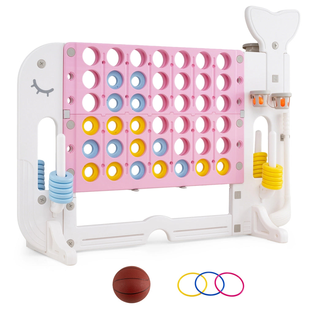 Forza 4 gigante altezza regolabile per bambini, Gioco 4 in linea 42 pedine pallone basket 2 palline mazza golf 3 anelli 2 portabicchieri Rosa