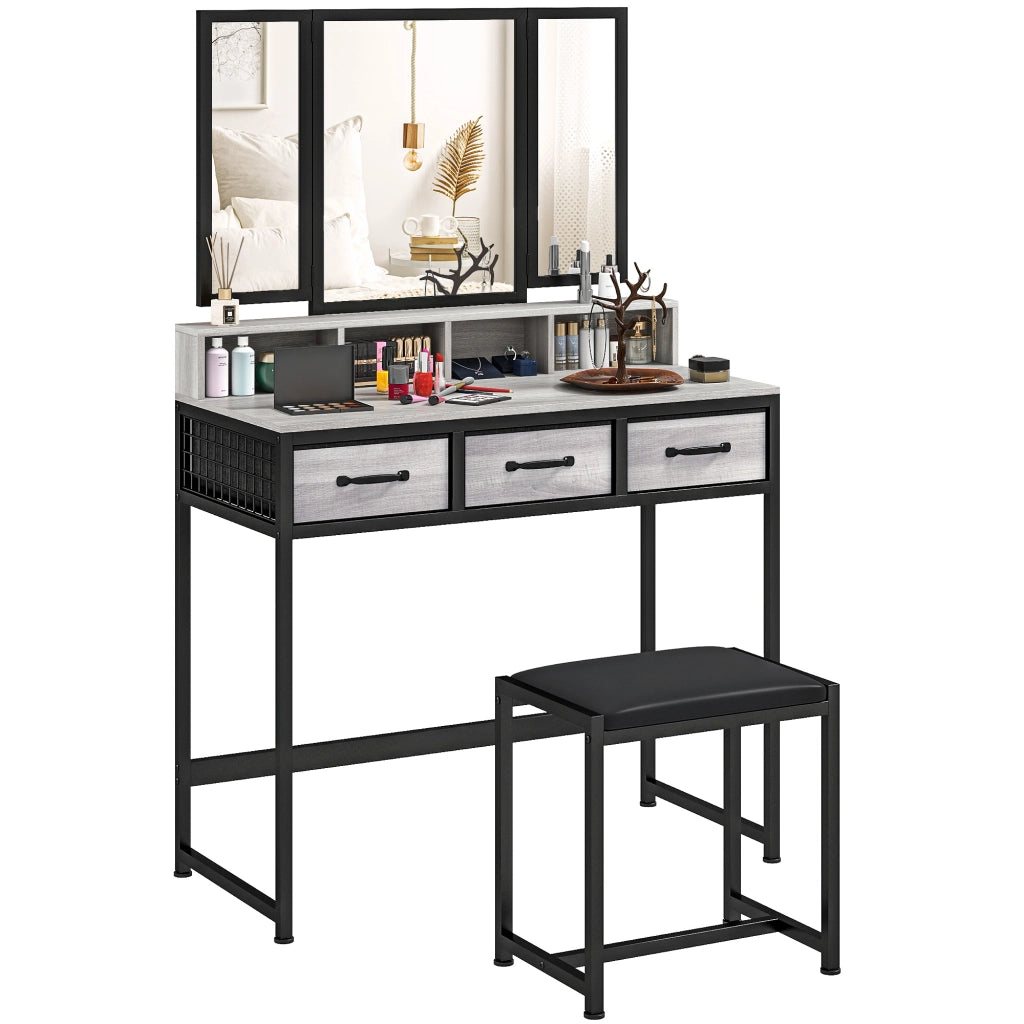 Cassettiera da trucco con specchio trittico e sgabello ¨C zephmum ¨C grigio tessuto 3 cassetti