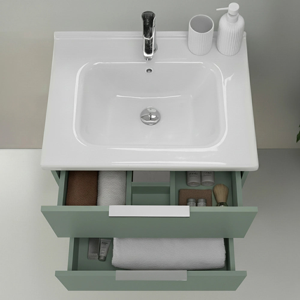 Mobile bagno sospeso 60cm verde opaco con cassetti lavabo e specchio Elva