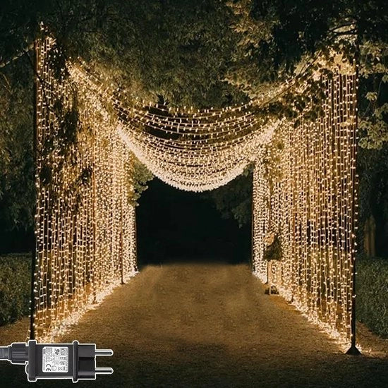 Decorazione di Natale a LED 600 per esterno 6 x 3 m impermeabile IP65 con 8 modi di decorazione per matrimoni feste giardino interni parete decorativa - caldo bianco.