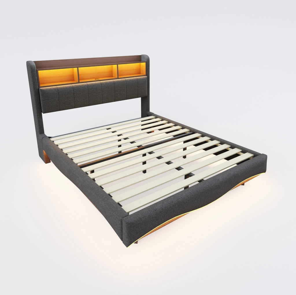 Letto imbottito sospeso 160x200 cm con LED; porte USB e Type-C; grigio