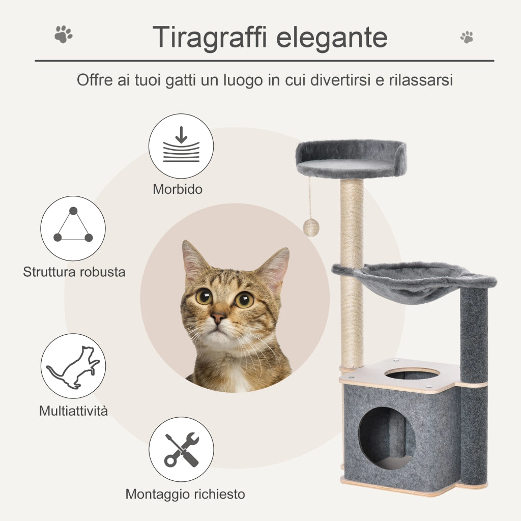 Albero Tiragraffi per Gatti con Casetta e Amaca ¨C Zephmum ¨C Grigio 48x34x95cm