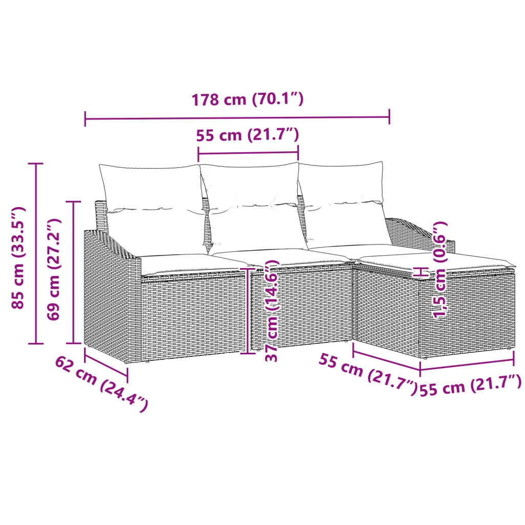 Set di divani da giardino 4 pezzi con cuscini Grigio chiaro Rattan Polietilene
