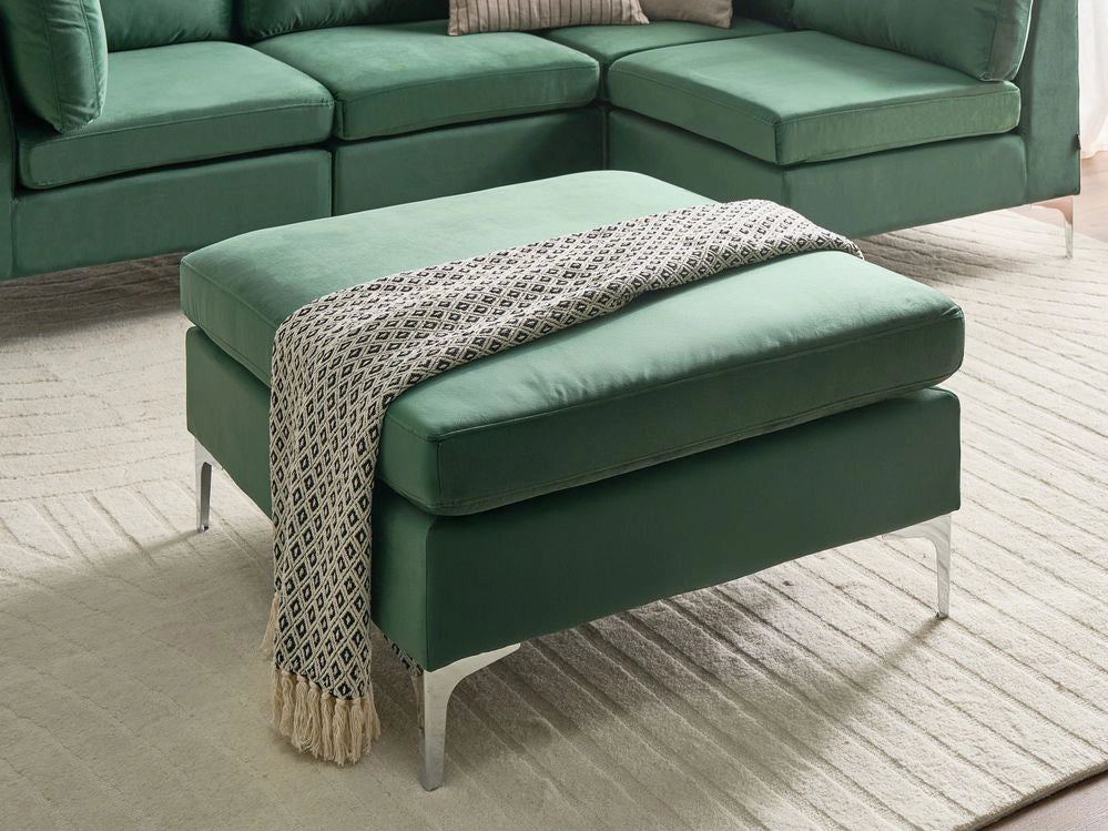 Ottomana con cuscino superiore in velluto verde ottomana Gambe in metallo argentato Stile glamour