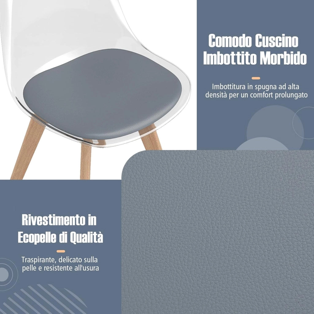 Set di 4 Sedie da Cucina Trasparenti, Sedie per Sala da Pranzo Moderne con Gambe in Legno e Seduta Imbottita, Sgabello senza Braccioli per Soggiorno e Camera da Letto, Portata 150 kg (Grigio)