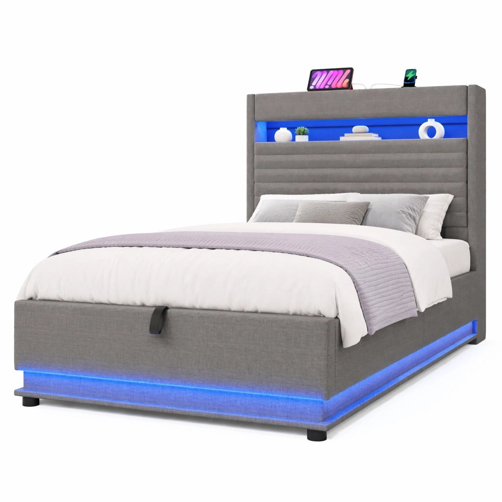 Letto imbottito 90x200 cm con contenitore idraulico, LED, porta USB e USB-C, tessuto lino, grigio, senza materasso