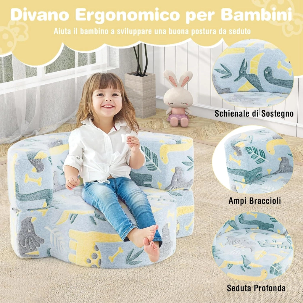 Divano Cuscino per Bambini Pieghevole 2 in 1, Poltrona Schienale Pieghevole per Bambini con Motivi Luminosi nel Buio, Divano Pieghevole per Camera da Letto e Soggiorno (Dinosauro blu)