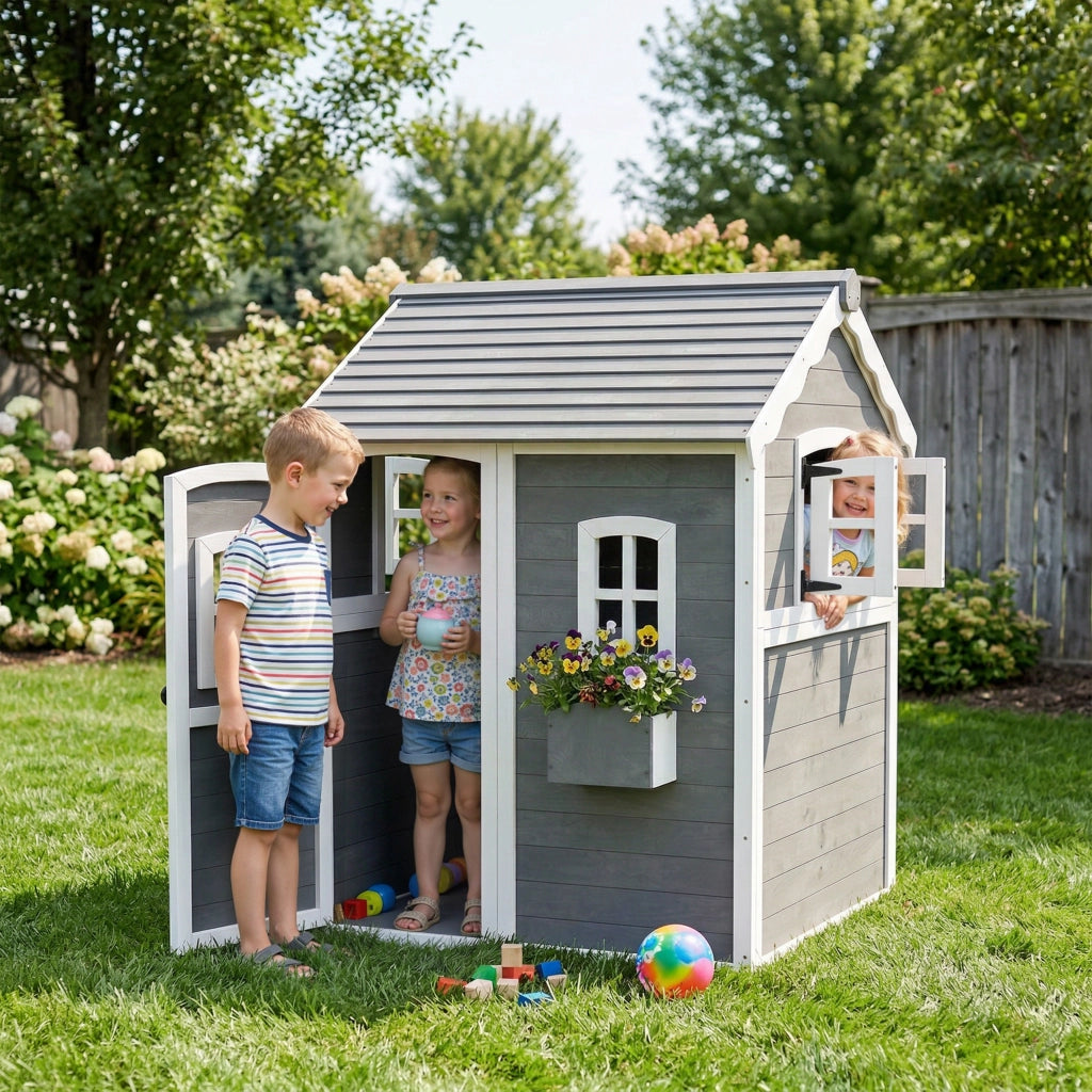 Casetta per Bambini 3-8 Anni con 6 Finestre e Fioriera, in Legno di Abete, 104.5x110x137 cm, Grigia