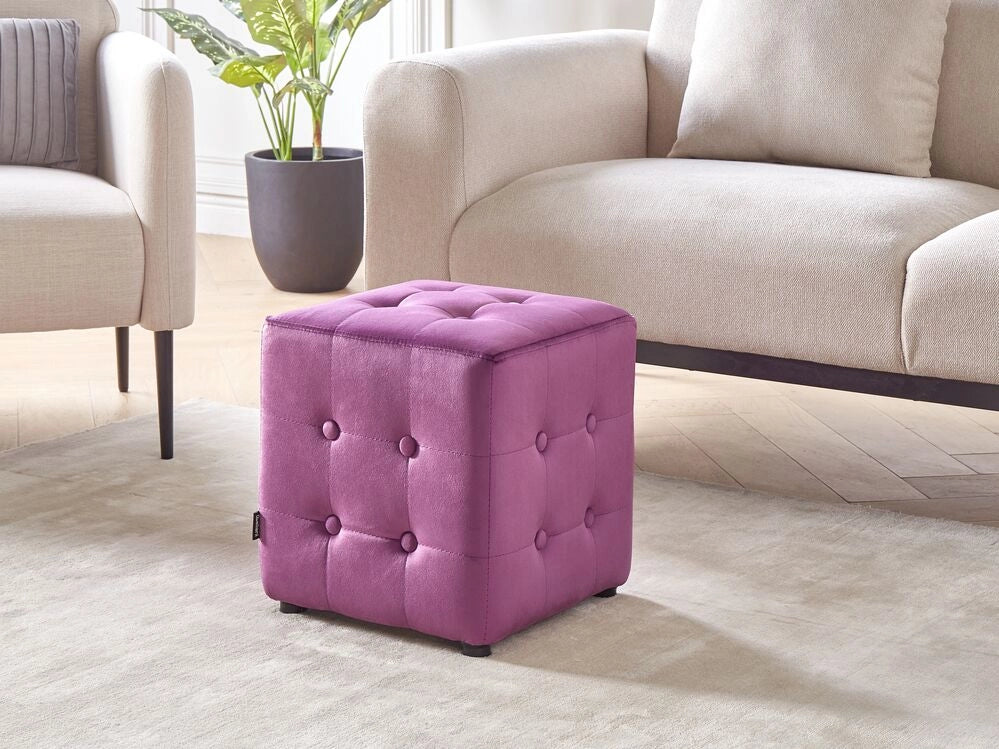 Poggiapiedi Pouf Cubo in Velluto Viola Bottone Tappezzeria Trapuntata