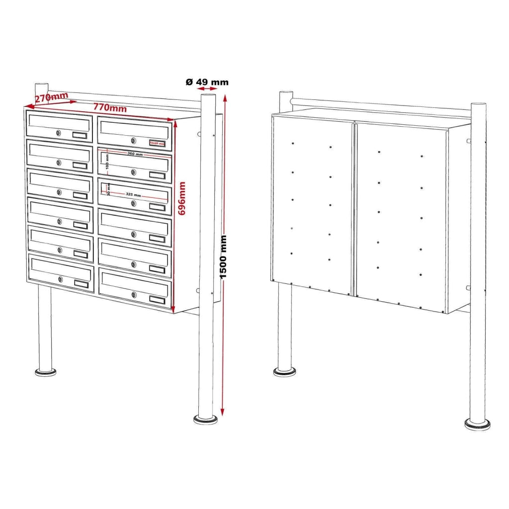 Blocco di 12 cassette postali con supporto 2x6 scomparti sovrapposti acciaio inox 16_0000026