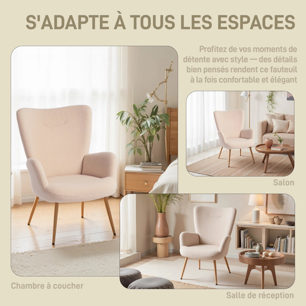 Poltrona imbottita in tessuto boucl¨¦ con schienale alto e braccioli ¨C zephmum ¨C beige 71x74x97,5cm