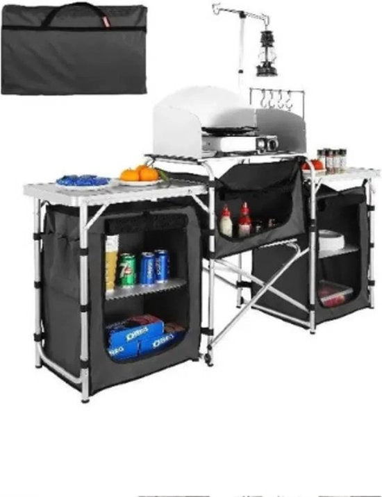 Cucina da Campeggio - Cucina Esterna - Ripiegabile - 174x110x46cm - Armadio da Campeggio - Incl. Tasca di Riposo - Tavolo da Cucina Esterno con Tasca di Riposo - Stazione Cottura in Alluminio con 3 Comparti - Schermo di Vento Rimosso