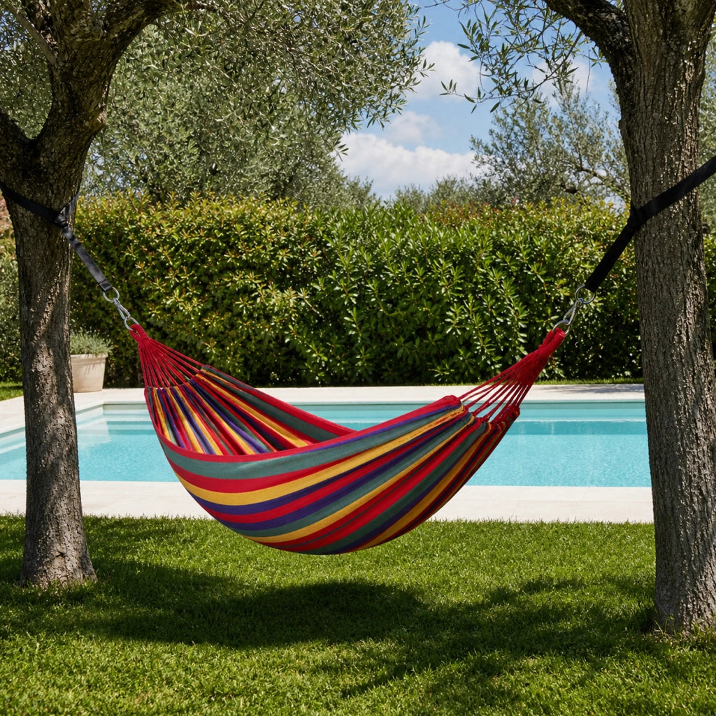 Amaca Per Outdoor E Campeggio Con Borsa Portaoggetti Cinghie E Moschettoni Inclusi Struttura Anti Ribaltamento In Cotone Portata 300 Kg 270 x 150 Cm Rosso