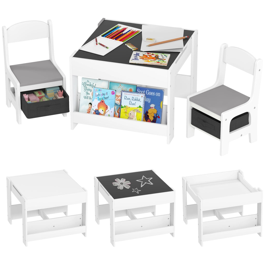 Set Tavolino per Bambini e 2 Sedie. Piano del Tavolo 3 in 1 con Lavagna e Contenitori. Grigio
