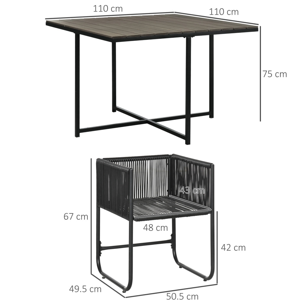 Set da pranzo da giardino 5 pezzi in rattan grigio; tavolo 110x110 cm e 4 sedie