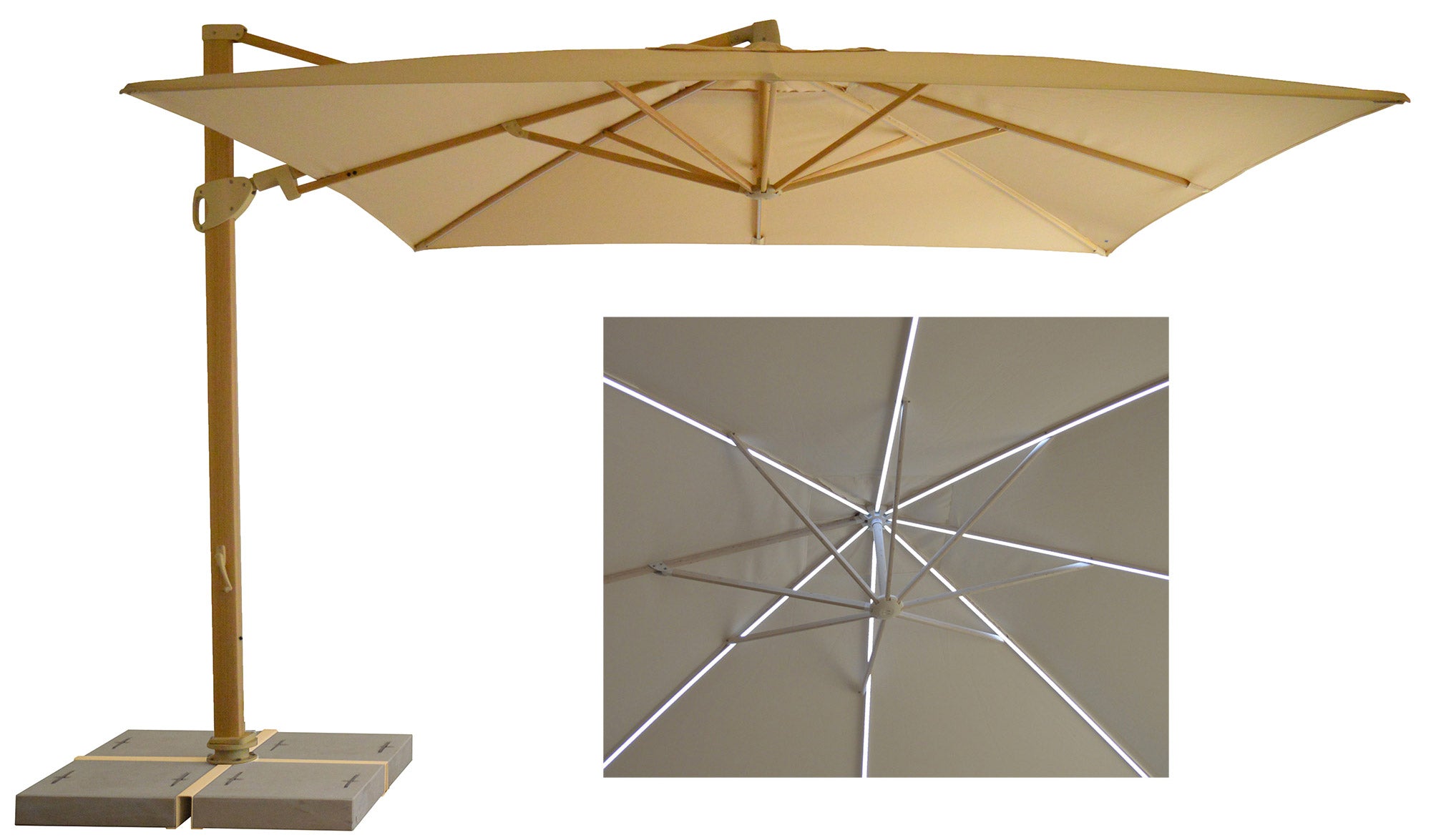 Ombrellone da Giardino Decentrato con LED 3,3x3,3m in Alluminio e Poliestere Ecrù