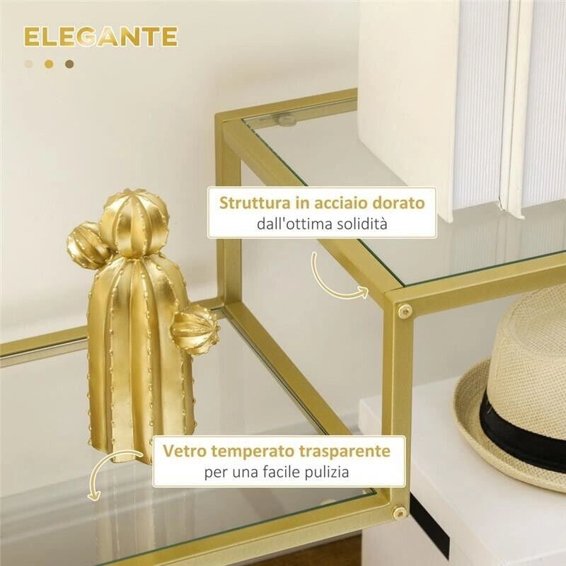 CONSOLLE DA INGRESSO A 3 RIPIANI IN ACCIAIO E VETRO TEMPERATO 100X32X76 CM ORO