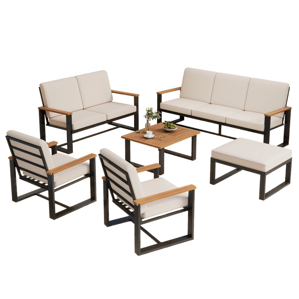 Set Salotto da Giardino Divano 3+2+1+1 Posti con Tavolino e Pouf ¨C MINIMAL ¨C Acacia e Acciaio Beige