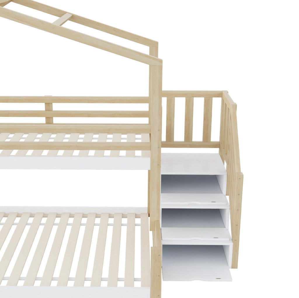 Letto a castello con scala contenitore e finestra 90x200/140x200 cm legno di pino e MDF naturale