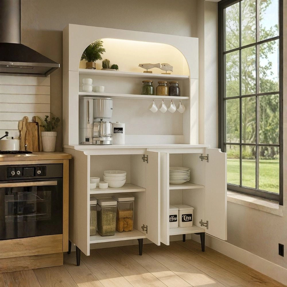 Credenza Cucina Melinta Bianca con 4 Ante, Mensole a Giorno e Angolo Caffè