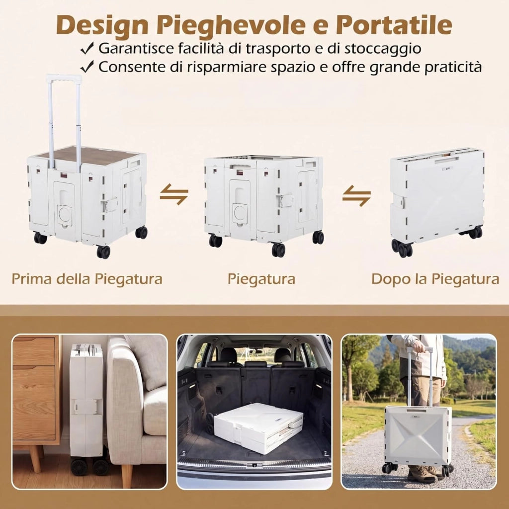 Carrello Spesa con 4 Ruote, 75 L, Carrellino Pieghevole con Manico Telescopico e Regolabile e Coperchio, Trolley Portatutto per Shopping, Campeggio, Picnic e Attrezzi