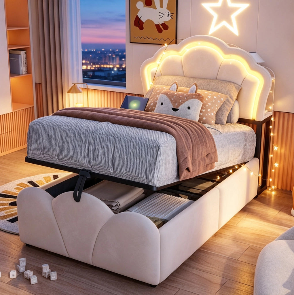 Letto imbottito 90x200 cm con vano contenitore idraulico e LED beige