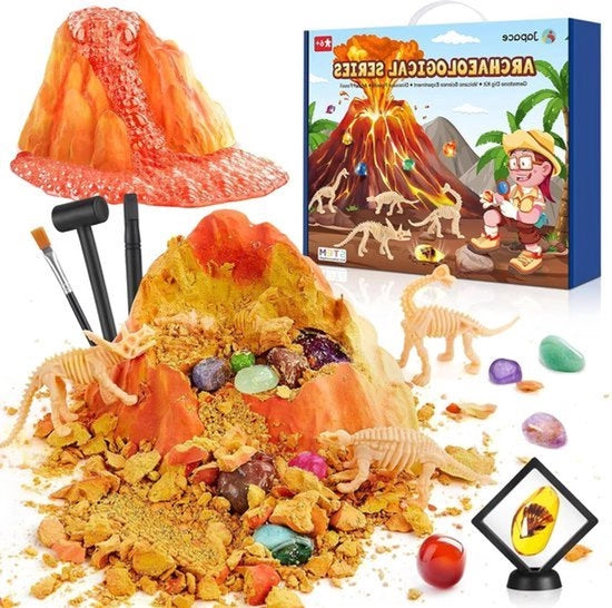 Set di scavo per bambini - set di minerali da scavo - 12 minerali - ambra e 4 dinosauri - set di esperimenti vulcanici - giocattolo di compleanno per bambini - adatto da 6 7 8 9 10 anni.