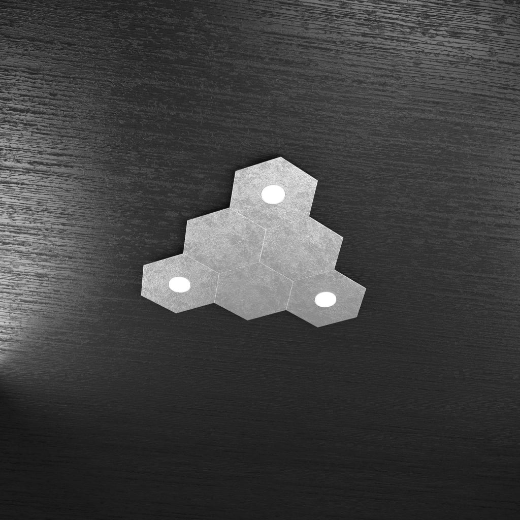 HEXAGON APPLIQUE-PLAFONIERA 3 LUCI + 3 DECORATIVO FOGLIA ARGENTO 1142-3L3D-FA