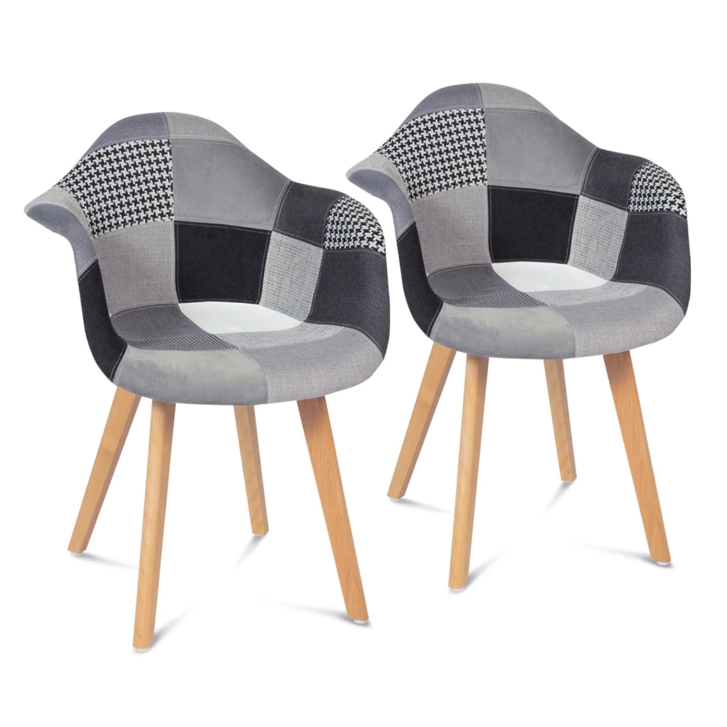 IDMarket - Set di 2 sedie da pranzo scandinave e poltrone da tavolo SARA con motivi patchwork neri, grigi e bianchi