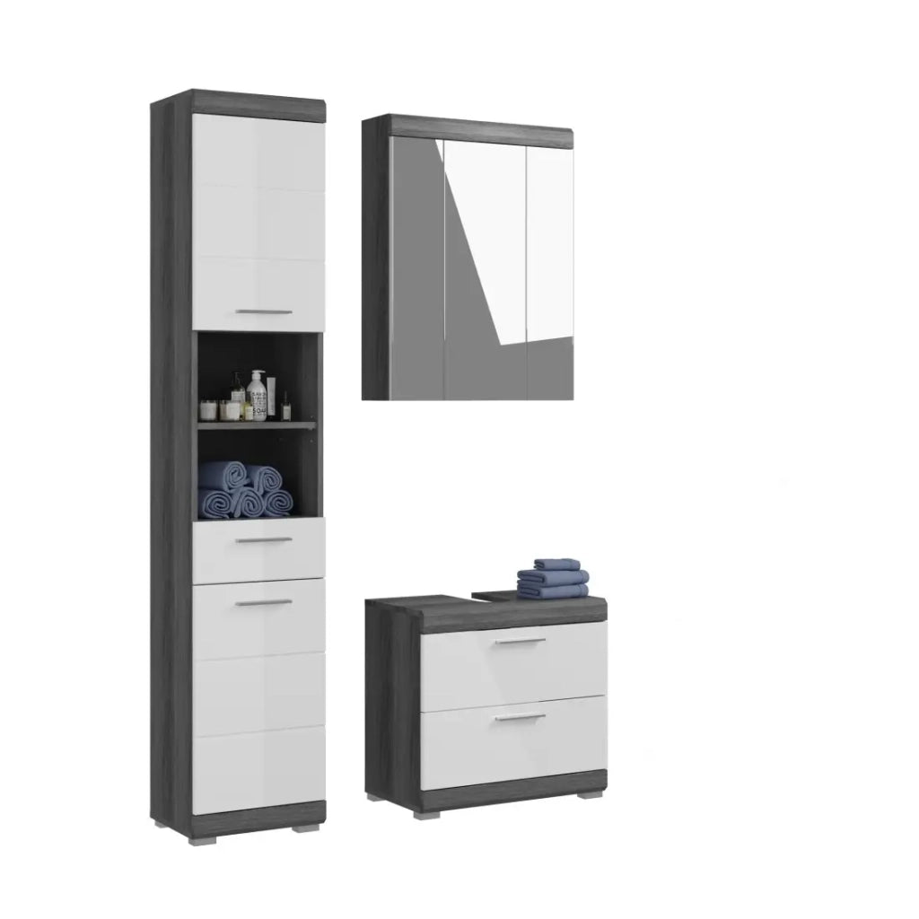 Set bagno SCOTT - Mobile sottolavabo, colonna e specchio con contenitore