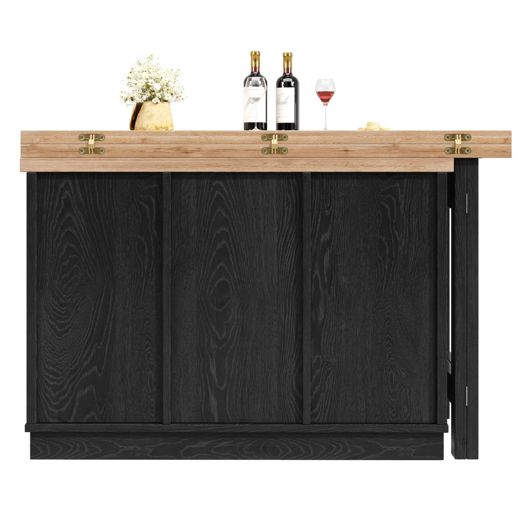 Mobile contenitore girevole 360° con tavolo estensibile, porta vini e cassetti in MDF nero 120 × 197 × 40 × 74,2 cm