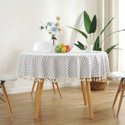 Tavola Rotonda Coperta in Cotone e Lino con Bordini Quadrati, Idonea per Interno e Esterno, Tavola da Pranzo (Diametro 150 cm)