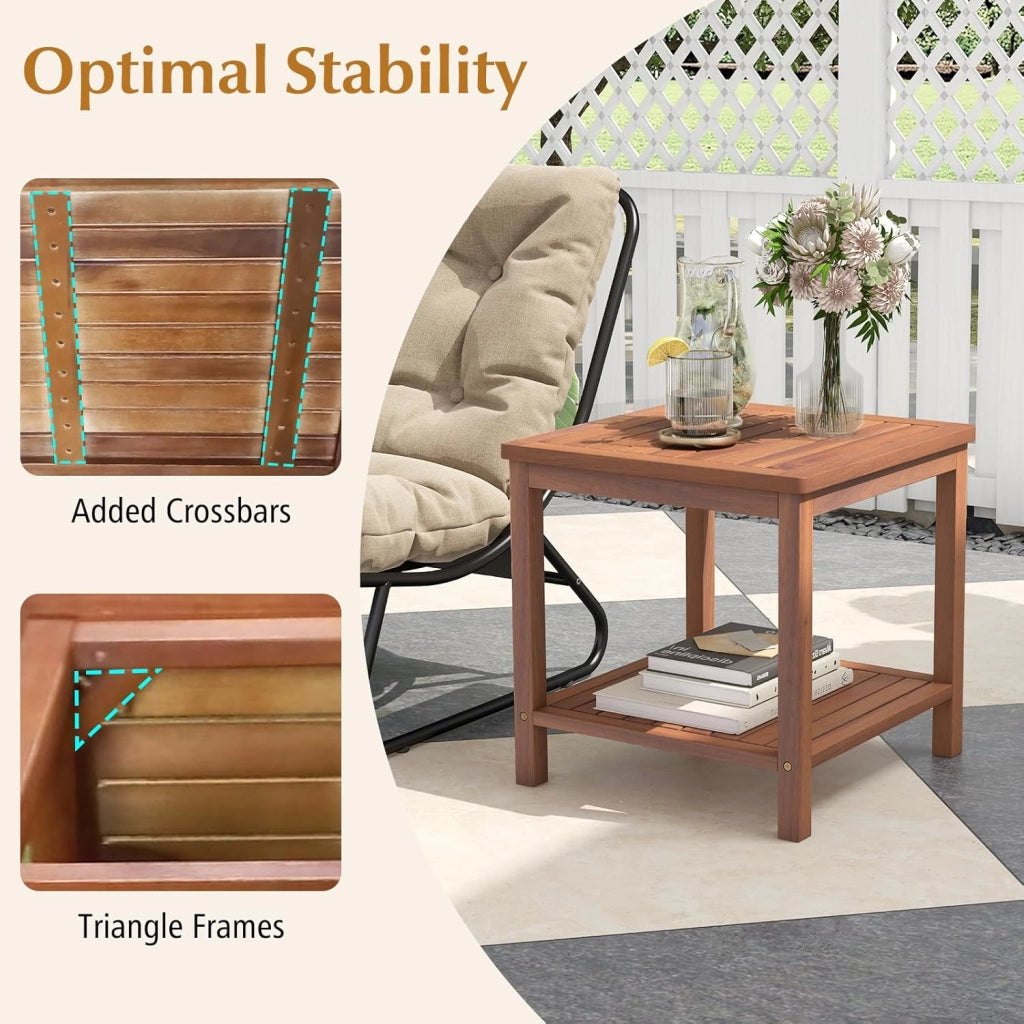 Tavolino ausiliario in legno di acacia per giardino, comodino rettangolare con ripiano aperto inferiore, 45 x 45 x 45 x 45 cm, motivo a lamelle, per soggiorno, terrazza, balcone