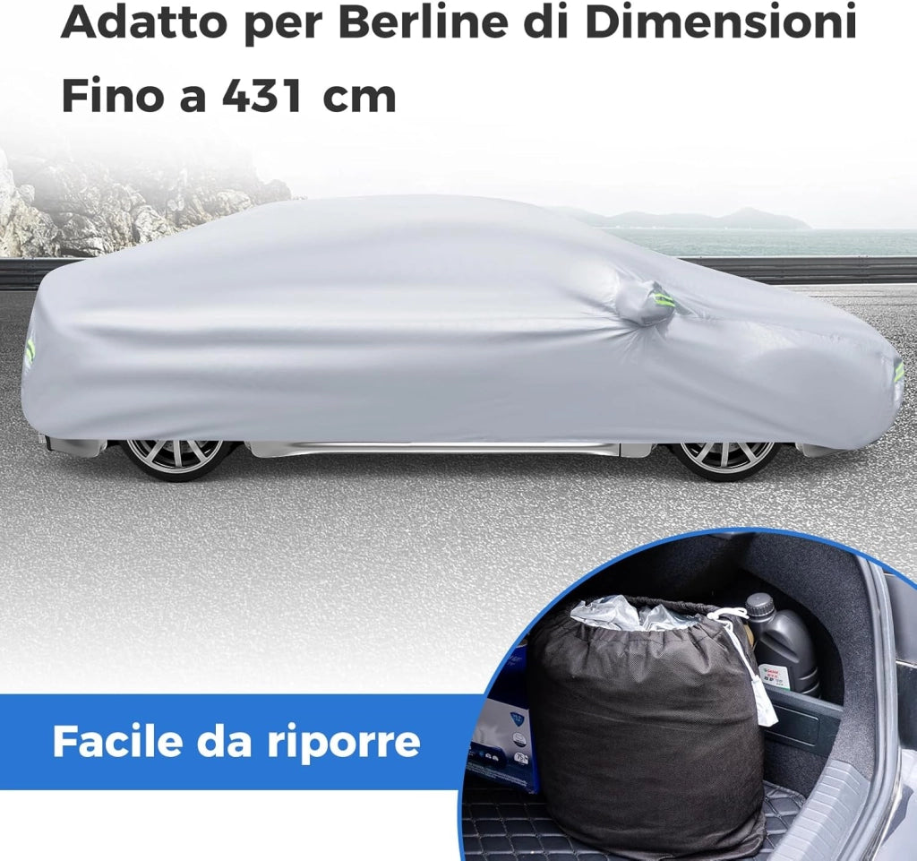 Copertura Auto con Porta a Zip, Serratura, Copertura per Auto con Strisce Riflettenti, Copertura Universale per Esterni per Auto (479 X 173 X 115cm)