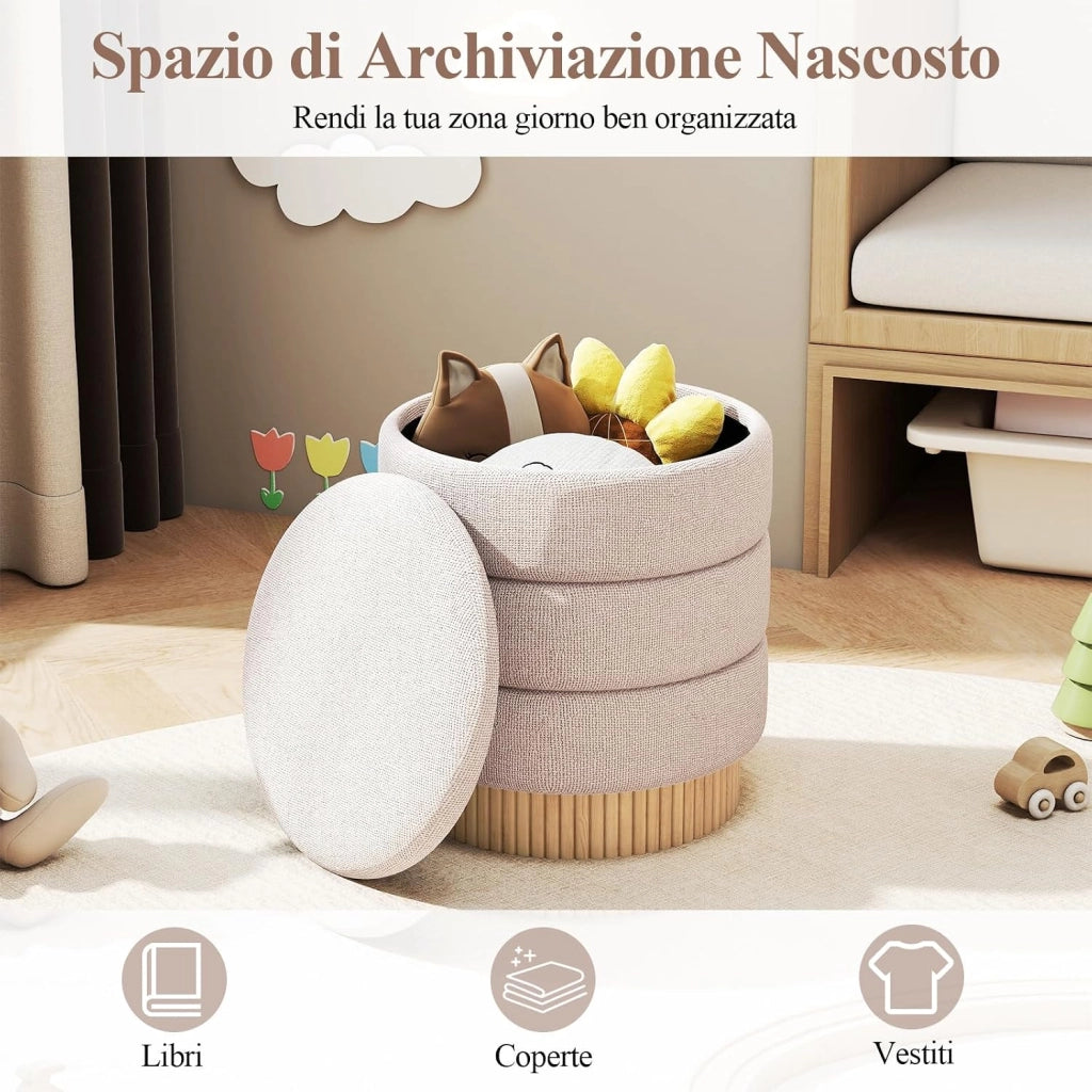 Pouf Contenitore Rotondo 35,5 L, Poggiapiedi Divano Imbottito con Coperchio Rimovibile, Sgabello Moderno in Ciniglia con Base in Legno di Pino, per Soggiorno e Camera da Letto