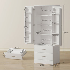 Credenza da Cucina 60x40x159 cm con Armadietto con 8 Ripiani Portaspezie e 2 Cassetti Bianco