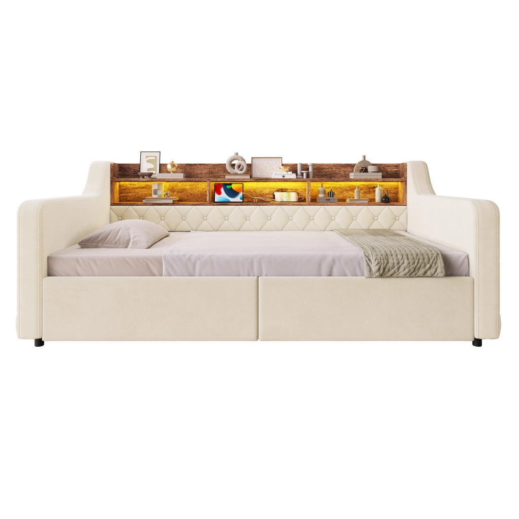 Letto imbottito con contenitore e cassetti ¨C Minimal ¨C Beige velluto 90x190 cm con LED, USB, Type-C, rete a doghe