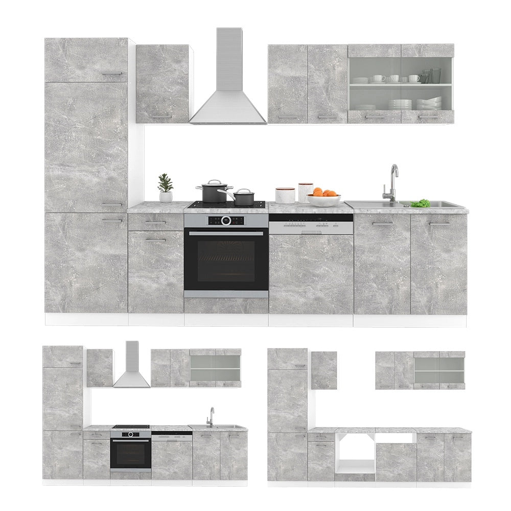Cucina componibile R-Line Calcestruzzo/Bianco 300 cm senza piano di lavoro Vicco