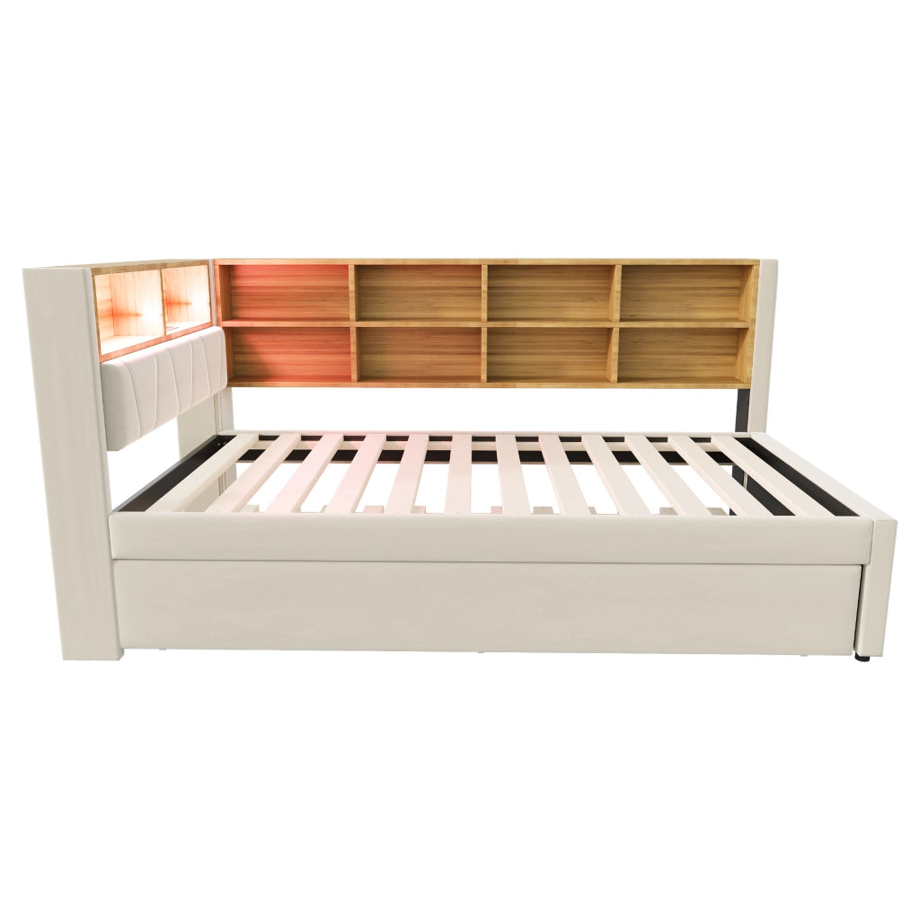 Divano letto multifunzione 90x200 cm con letto estraibile 90x190 cm, LED, prese multifunzione e vani contenitore, beige
