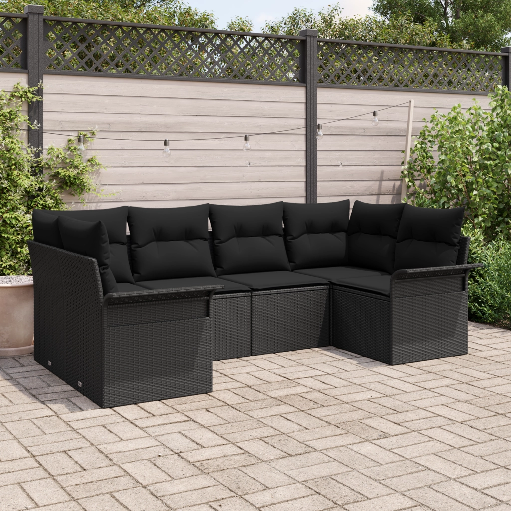 Set Divano da Giardino da 6 Pezzi con Cuscini Nero Rattan Poliestere