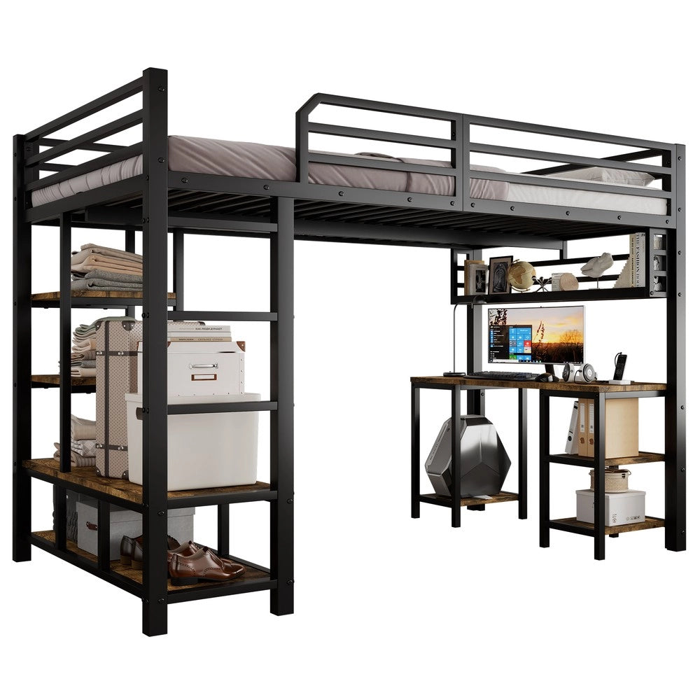 Letto a Soppalco con Scrivania ¨C MINIMAL ¨C Metallo e Legno, Nero, 120x200