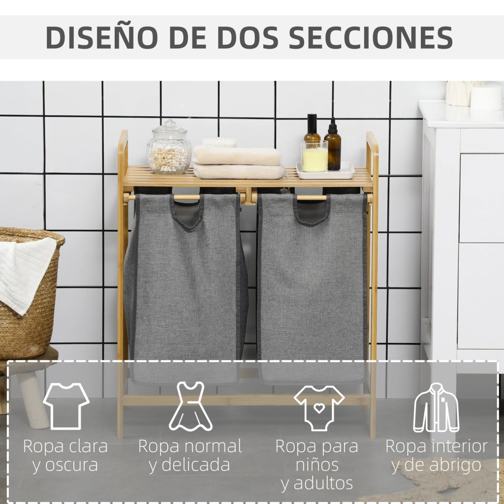 Cesto per Biancheria in Bamb¨´ con 2 Sacchetti e Ripiano ¨C Zephmum ¨C 63.5x33x73 cm Naturale Grigio