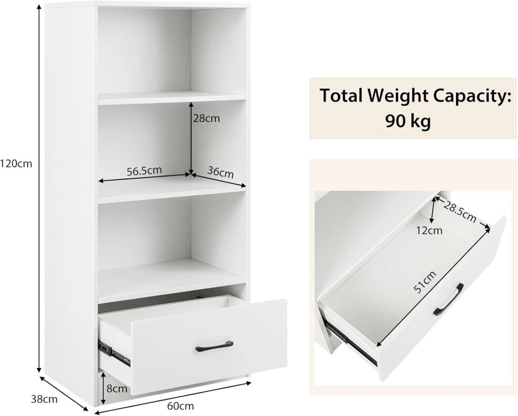 Scaffale con cassetto, scaffale libreria a 4 livelli con 3 scomparti aperti, scaffale da terra in legno per soggiorno, camera da letto, ufficio, nero (Bianco)