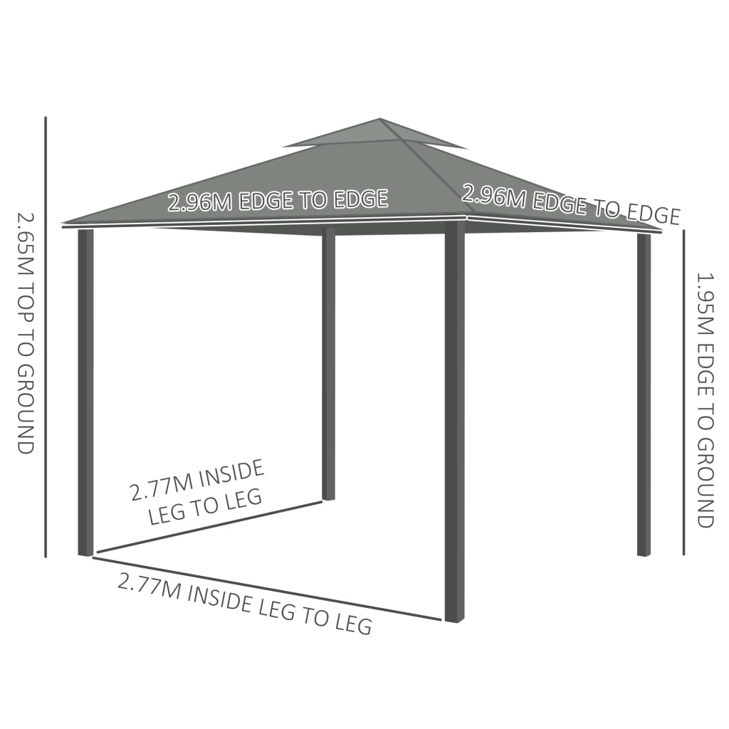Padiglione Da Giardino – Doppio Tetto Con Zanzariera – 2,96 X 2,96 M – Alluminio – Grigio Scuro – Privacy E Ombra – 4 Tendaggi Rimovibili