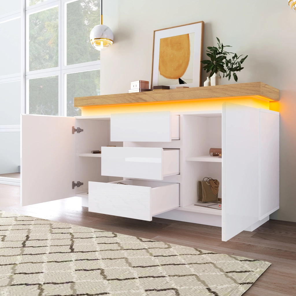 Credenza lucida con 2 ante e 3 cassetti LED controllabile da app per soggiorno e camera bianca 140 × 39 × 81 cm