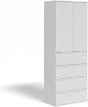 Armadio Claus, Bianco, 74 x 191.5 cm con 4 cassetti, per la conservazione di abbigliamento e tessili