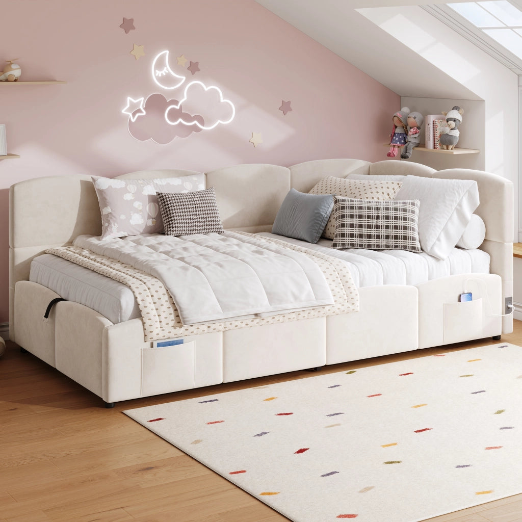 OKWISH Letto contenitore 90×200 cm, Letto Singolo con Porte USB A e USB C, Tasche Portaoggetti e Apertura Idraulica, senza Materasso, Velluto, Beige